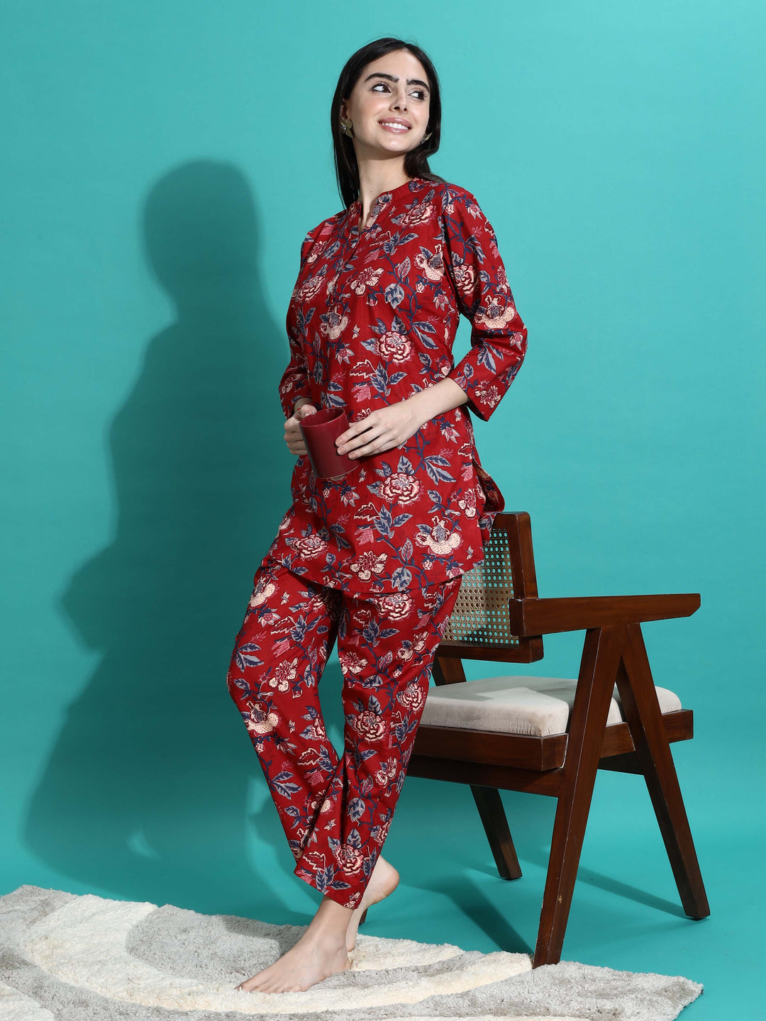 Ruby Red Cotton Floral Pyjama Set for Women