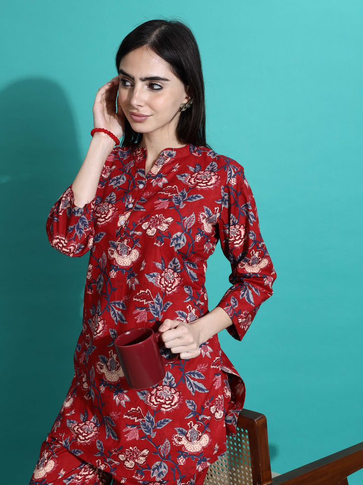 Ruby Red Cotton Floral Pyjama Set for Women