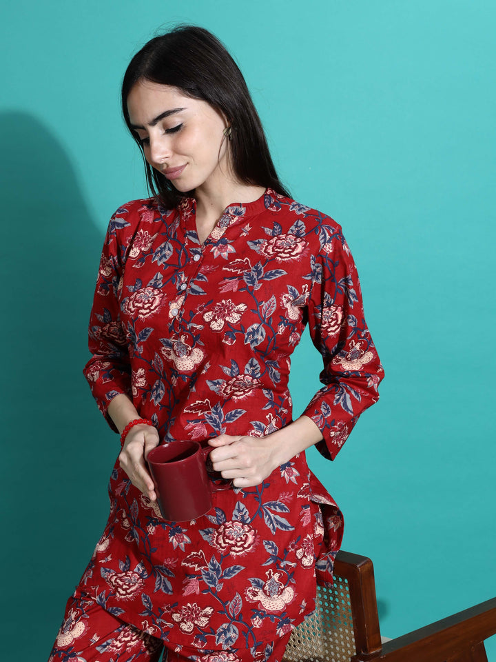 Ruby Red Cotton Floral Pyjama Set for Women