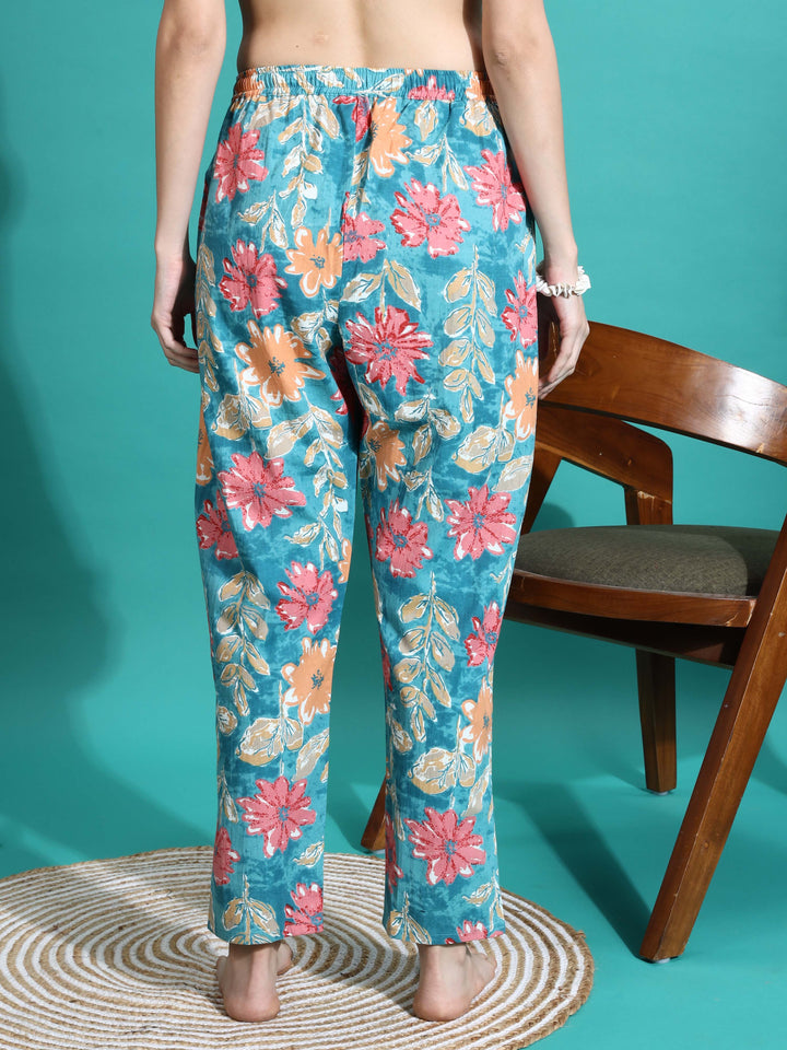 Stylish Teal Blue Printed Cotton Pajama Set for Women