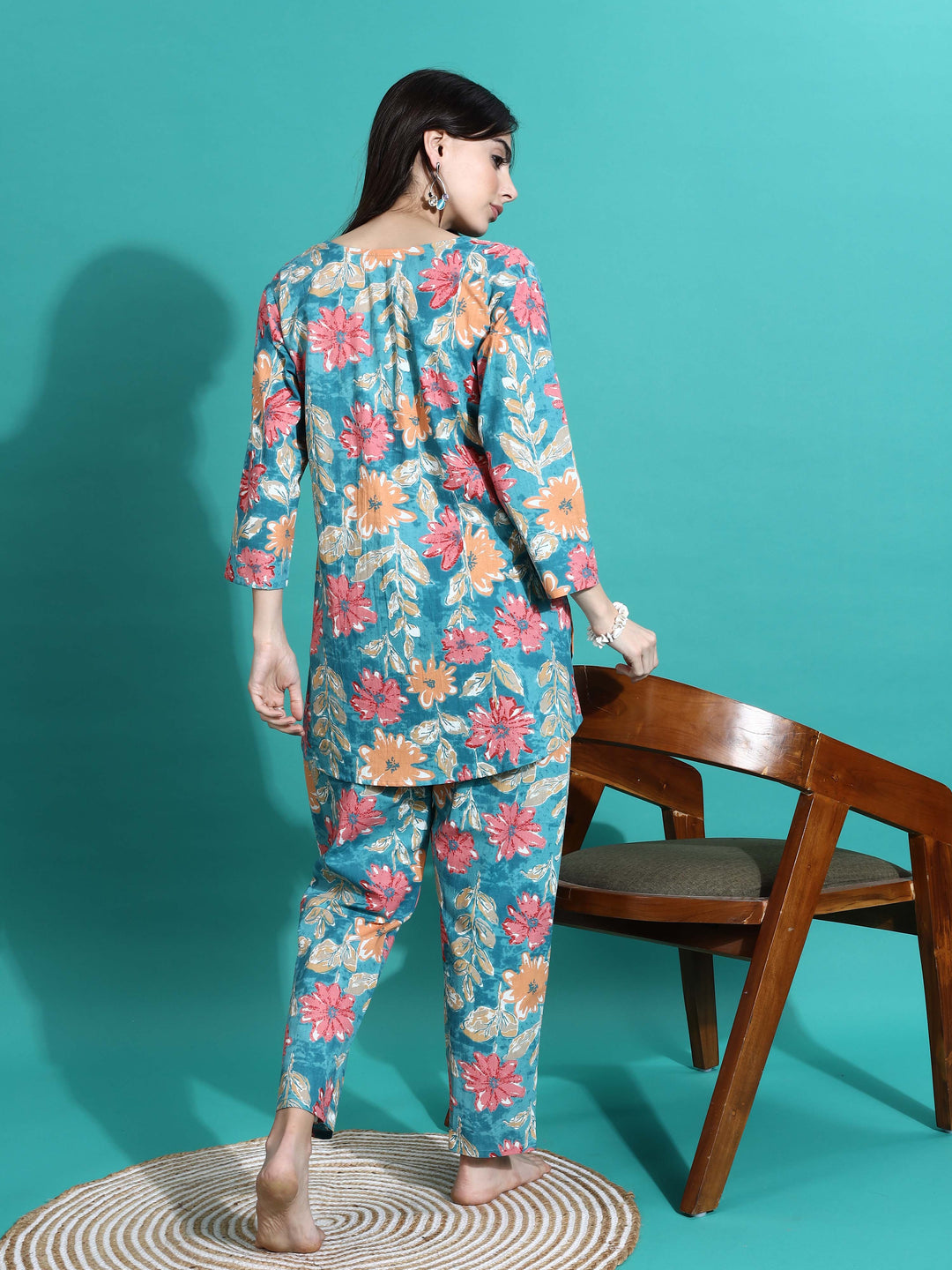 Stylish Teal Blue Printed Cotton Pajama Set for Women