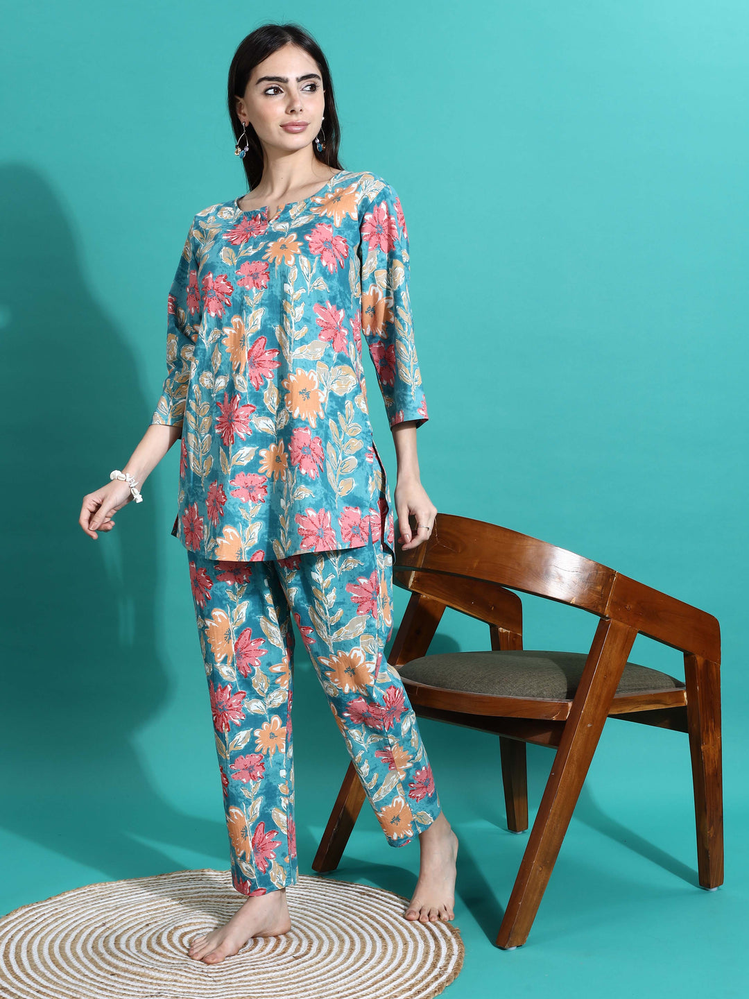 Stylish Teal Blue Printed Cotton Pajama Set for Women