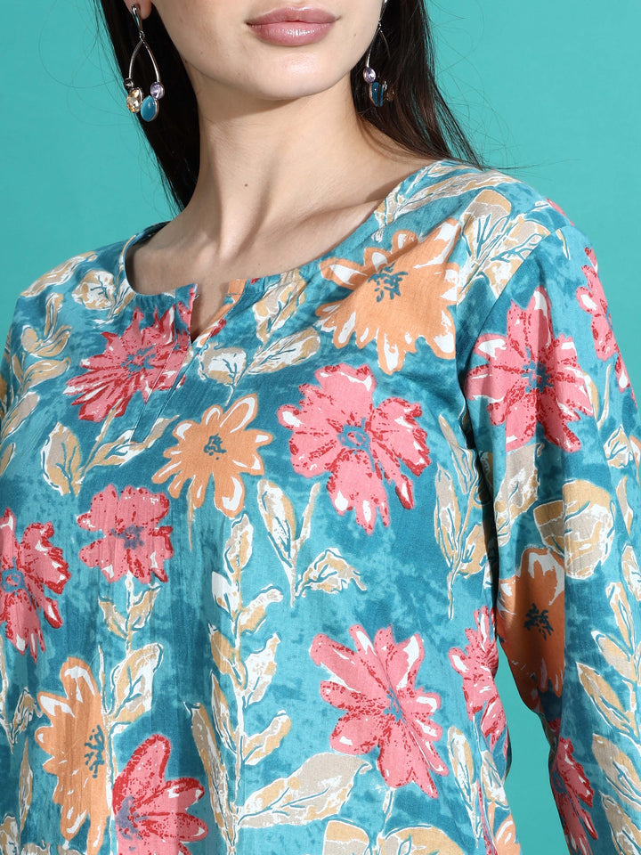 Stylish Teal Blue Printed Cotton Pajama Set for Women