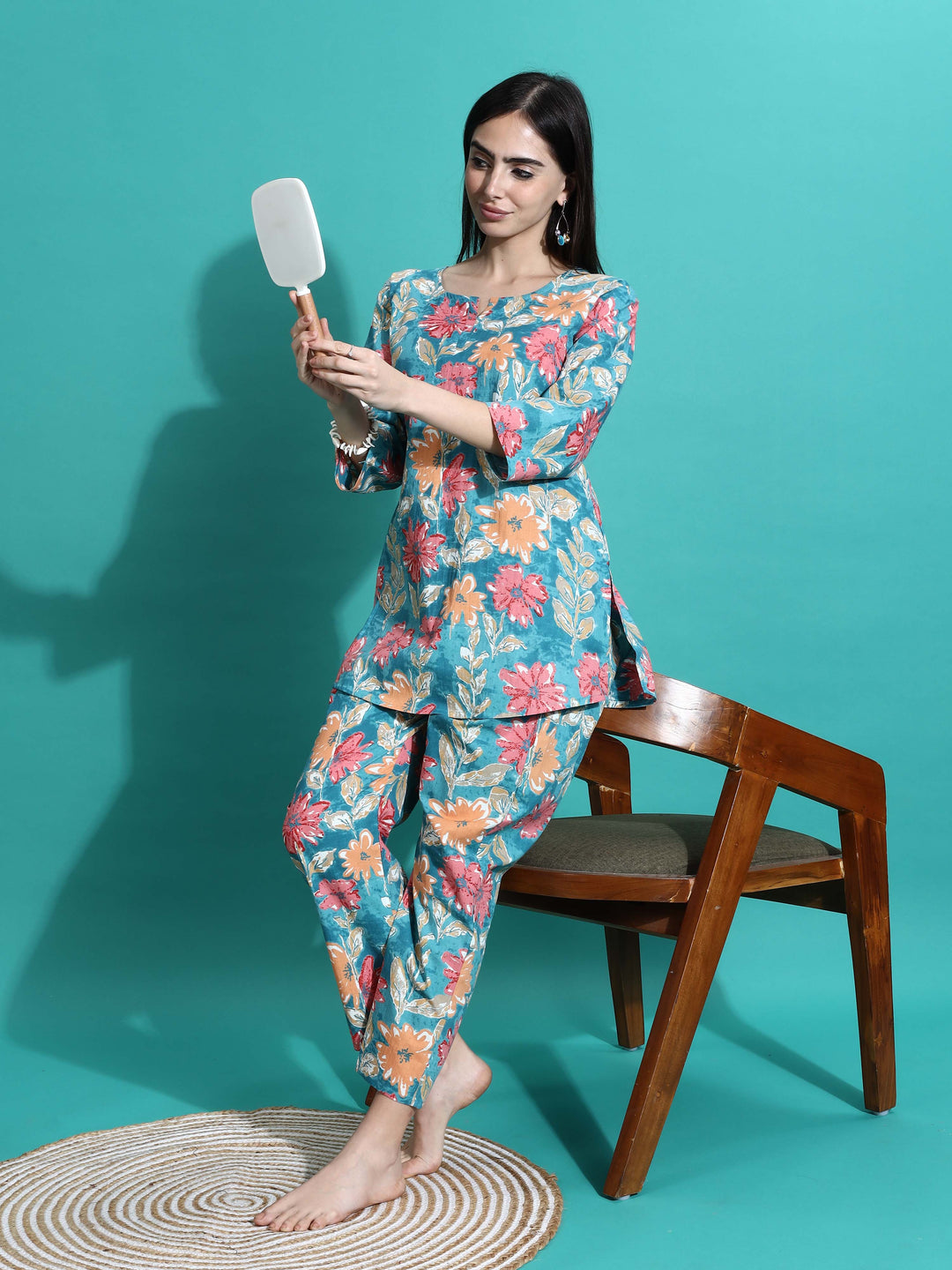 Stylish Teal Blue Printed Cotton Pajama Set for Women