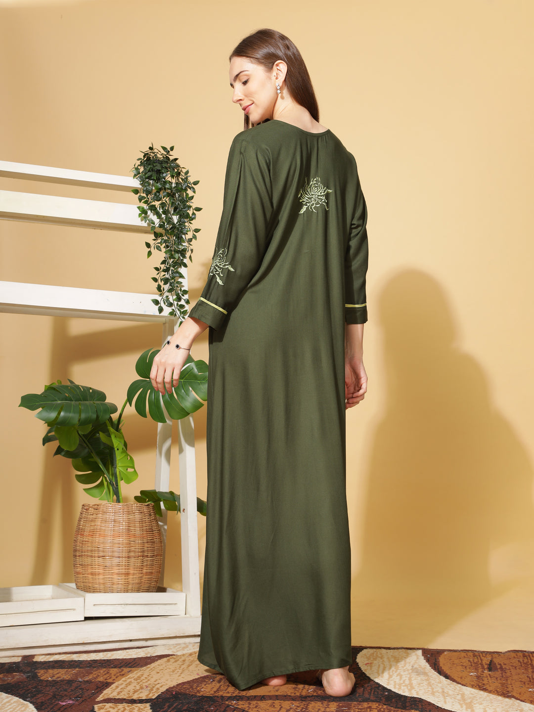  Rayon Designer Nighty  Emerald A-Line Rayon Nighty 3/4 Sleeve Embroidery Maxi Nightdress- 9shines label 