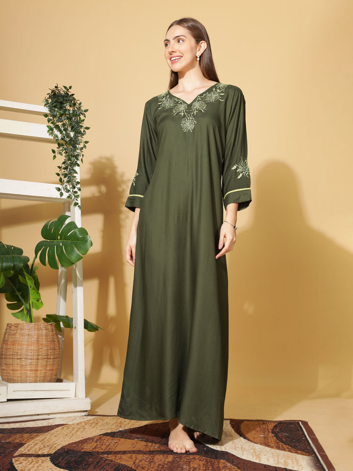  Rayon Designer Nighty  Emerald A-Line Rayon Nighty 3/4 Sleeve Embroidery Maxi Nightdress- 9shines label 