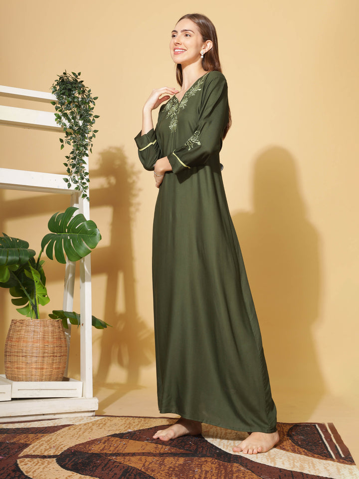  Rayon Designer Nighty  Emerald A-Line Rayon Nighty 3/4 Sleeve Embroidery Maxi Nightdress- 9shines label 