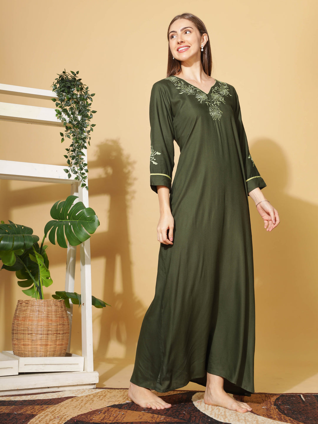  Rayon Designer Nighty  Emerald A-Line Rayon Nighty 3/4 Sleeve Embroidery Maxi Nightdress- 9shines label 