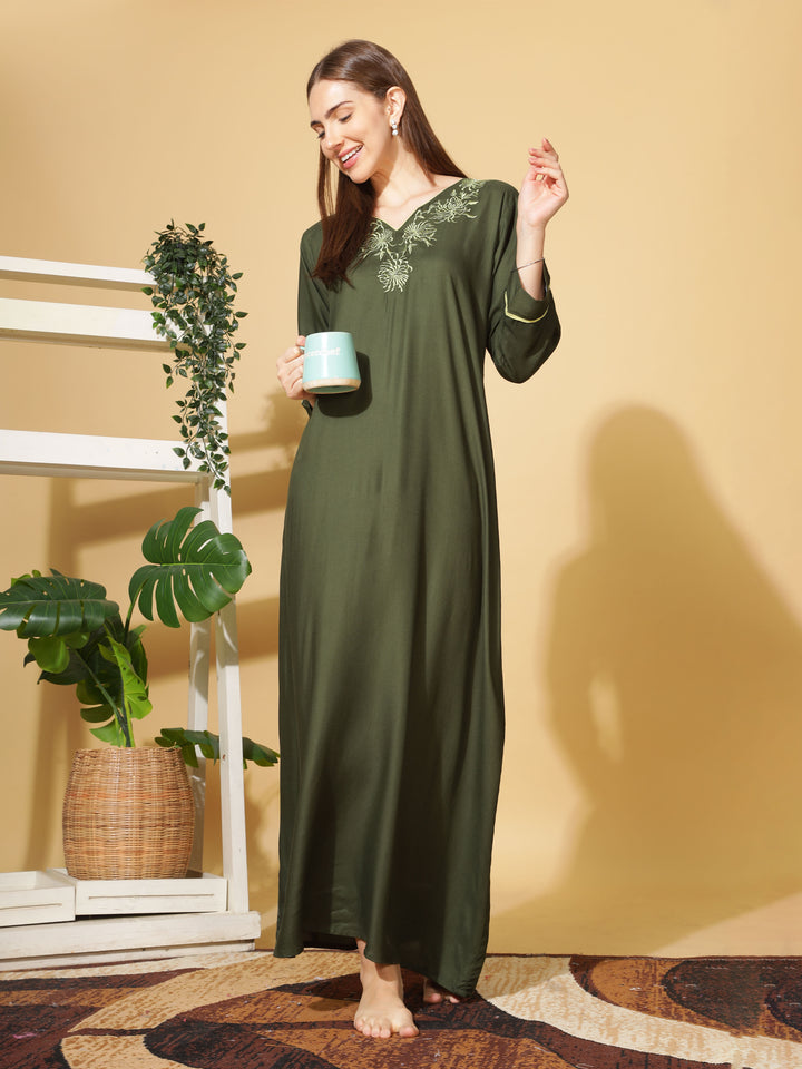  Rayon Designer Nighty  Emerald A-Line Rayon Nighty 3/4 Sleeve Embroidery Maxi Nightdress- 9shines label 