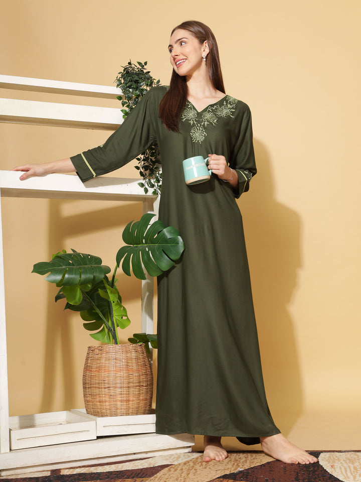  Rayon Designer Nighty  Emerald A-Line Rayon Nighty 3/4 Sleeve Embroidery Maxi Nightdress- 9shines label 