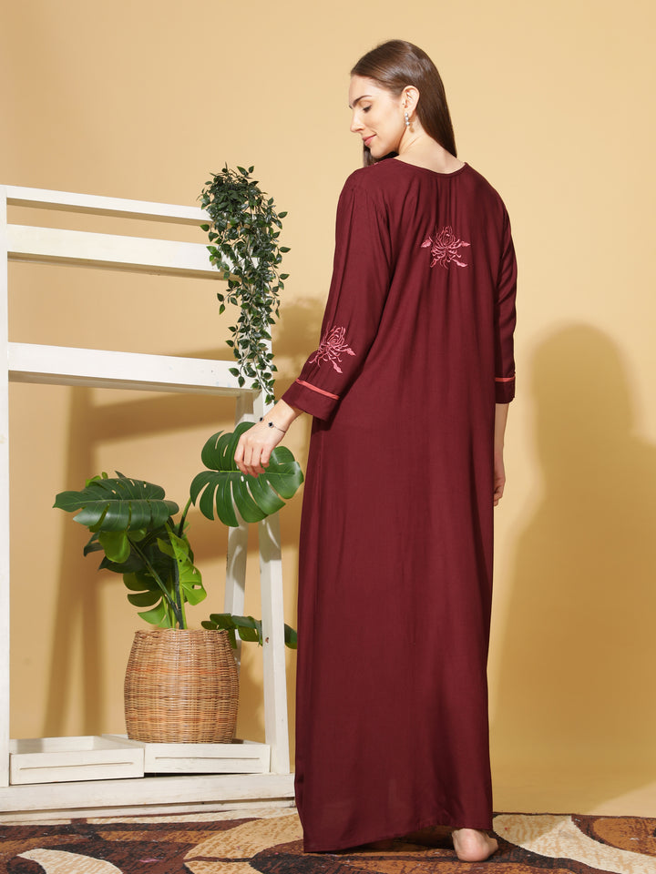  Rayon Designer Nighty  Ruby A-Line Rayon Nighty Elegant 3/4 Sleeve Embroidery Maxi Nightdress- 9shines label 