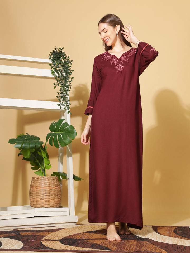  Rayon Designer Nighty  Ruby A-Line Rayon Nighty Elegant 3/4 Sleeve Embroidery Maxi Nightdress- 9shines label 