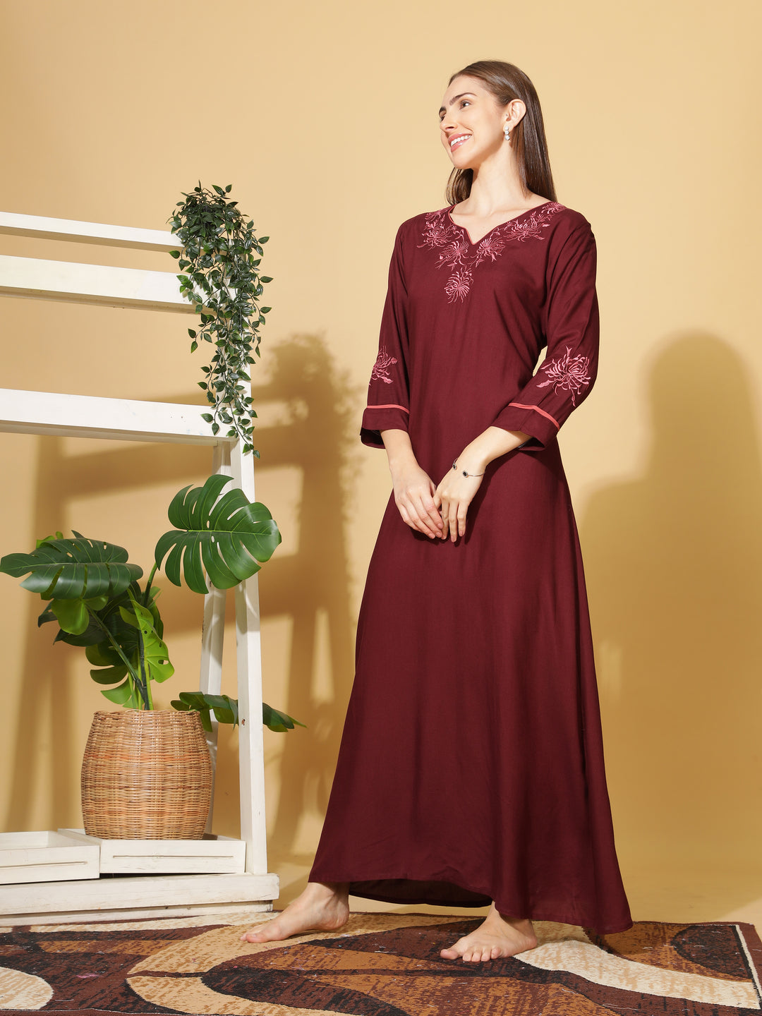  Rayon Designer Nighty  Ruby A-Line Rayon Nighty Elegant 3/4 Sleeve Embroidery Maxi Nightdress- 9shines label 