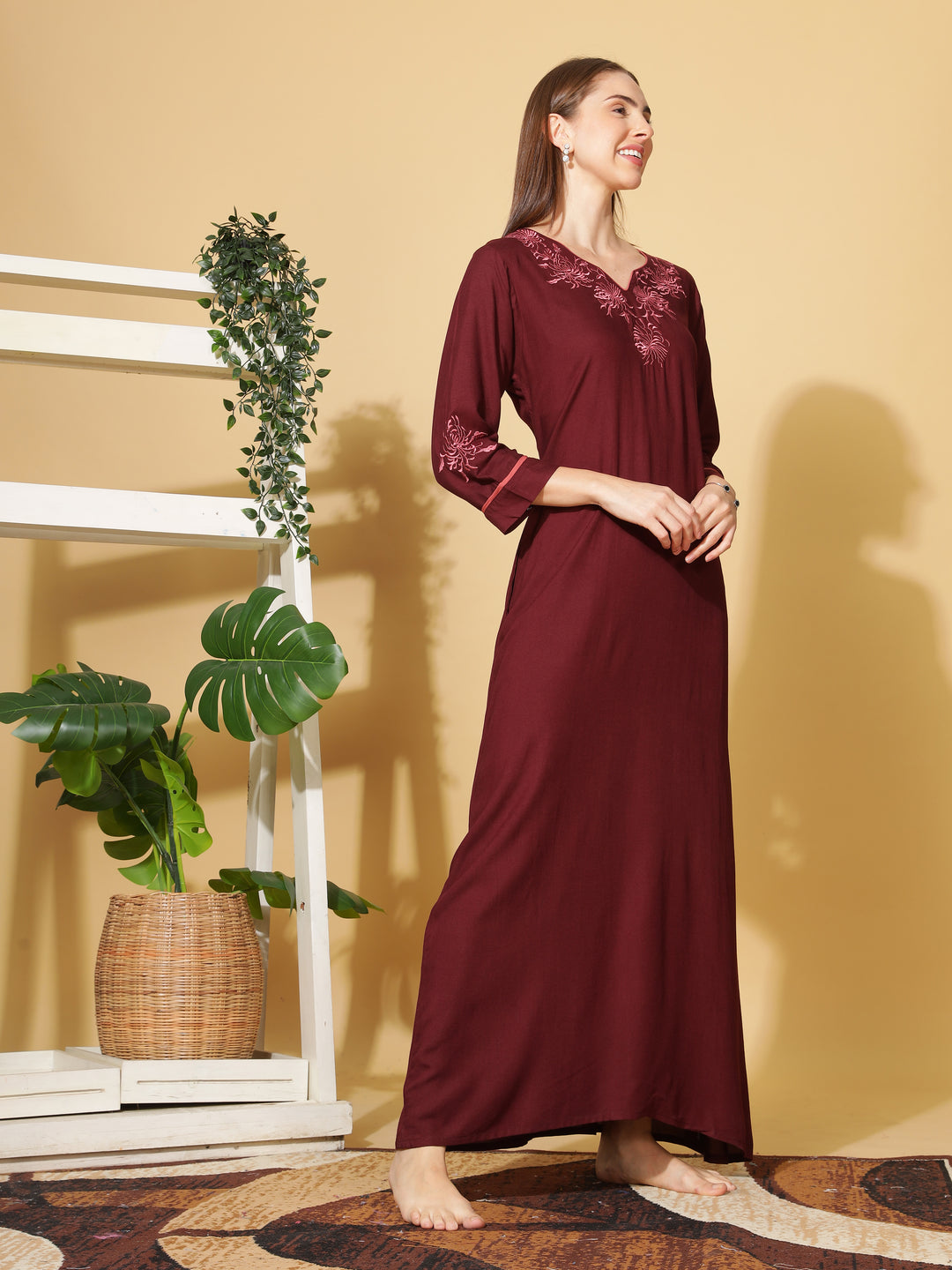  Rayon Designer Nighty  Ruby A-Line Rayon Nighty Elegant 3/4 Sleeve Embroidery Maxi Nightdress- 9shines label 