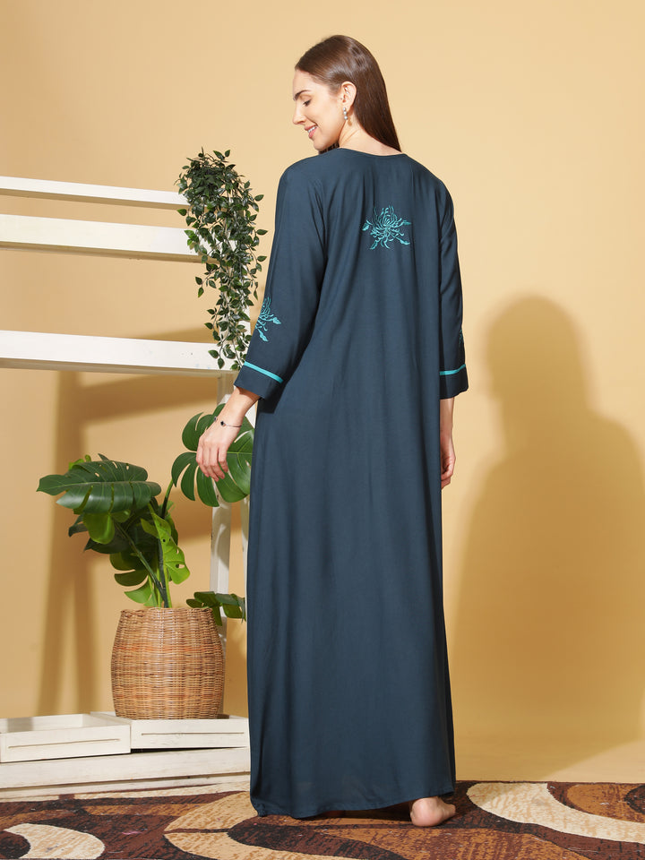  Rayon Designer Nighty  Sapphire A-Line Rayon Nighty Stylish 3/4 Sleeve Embroidery Nightdress- 9shines label 