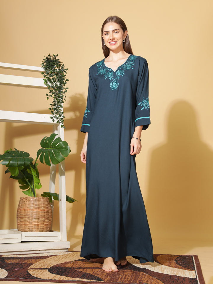  Rayon Designer Nighty  Sapphire A-Line Rayon Nighty Stylish 3/4 Sleeve Embroidery Nightdress- 9shines label 