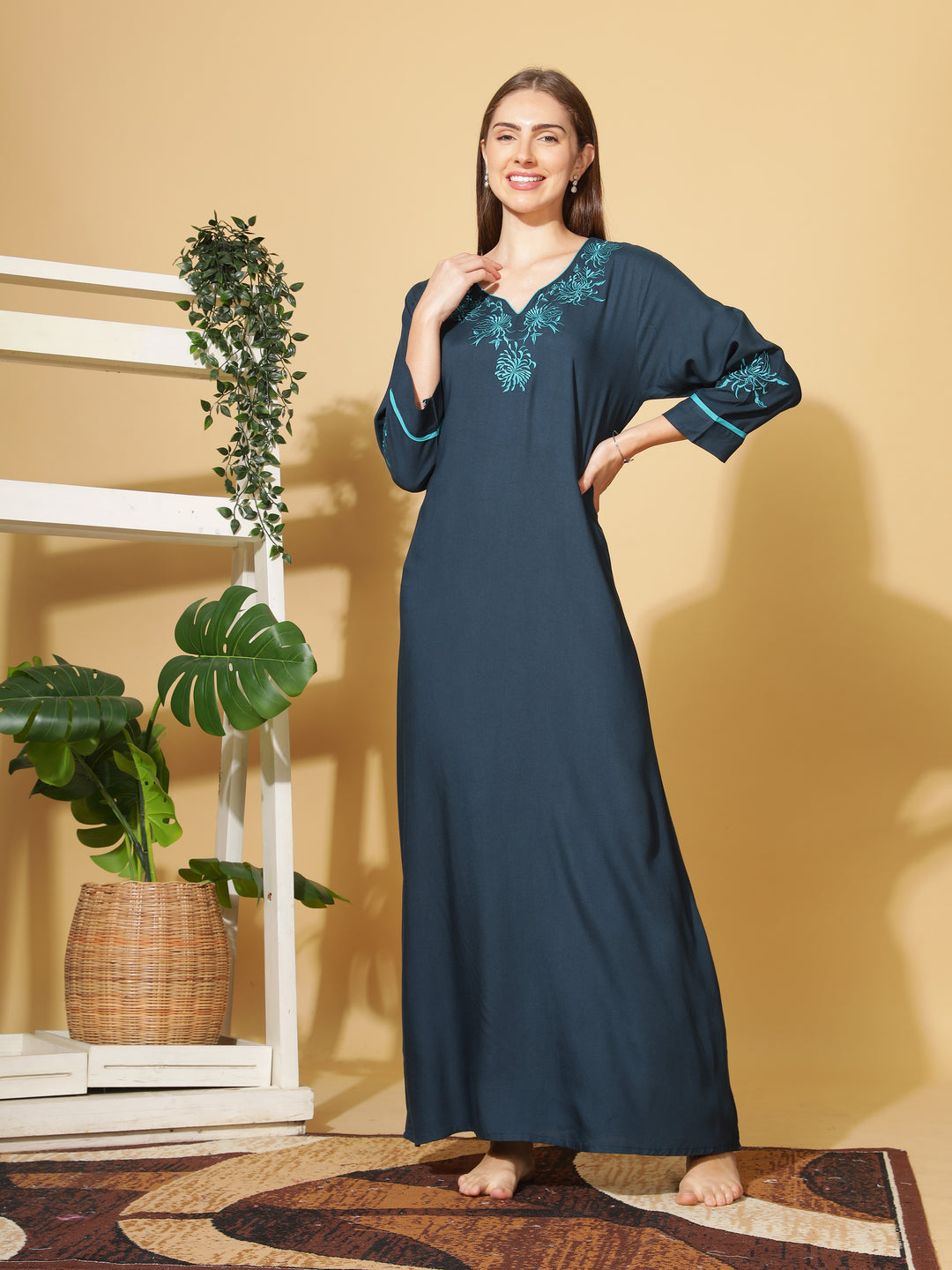  Rayon Designer Nighty  Sapphire A-Line Rayon Nighty Stylish 3/4 Sleeve Embroidery Nightdress- 9shines label 