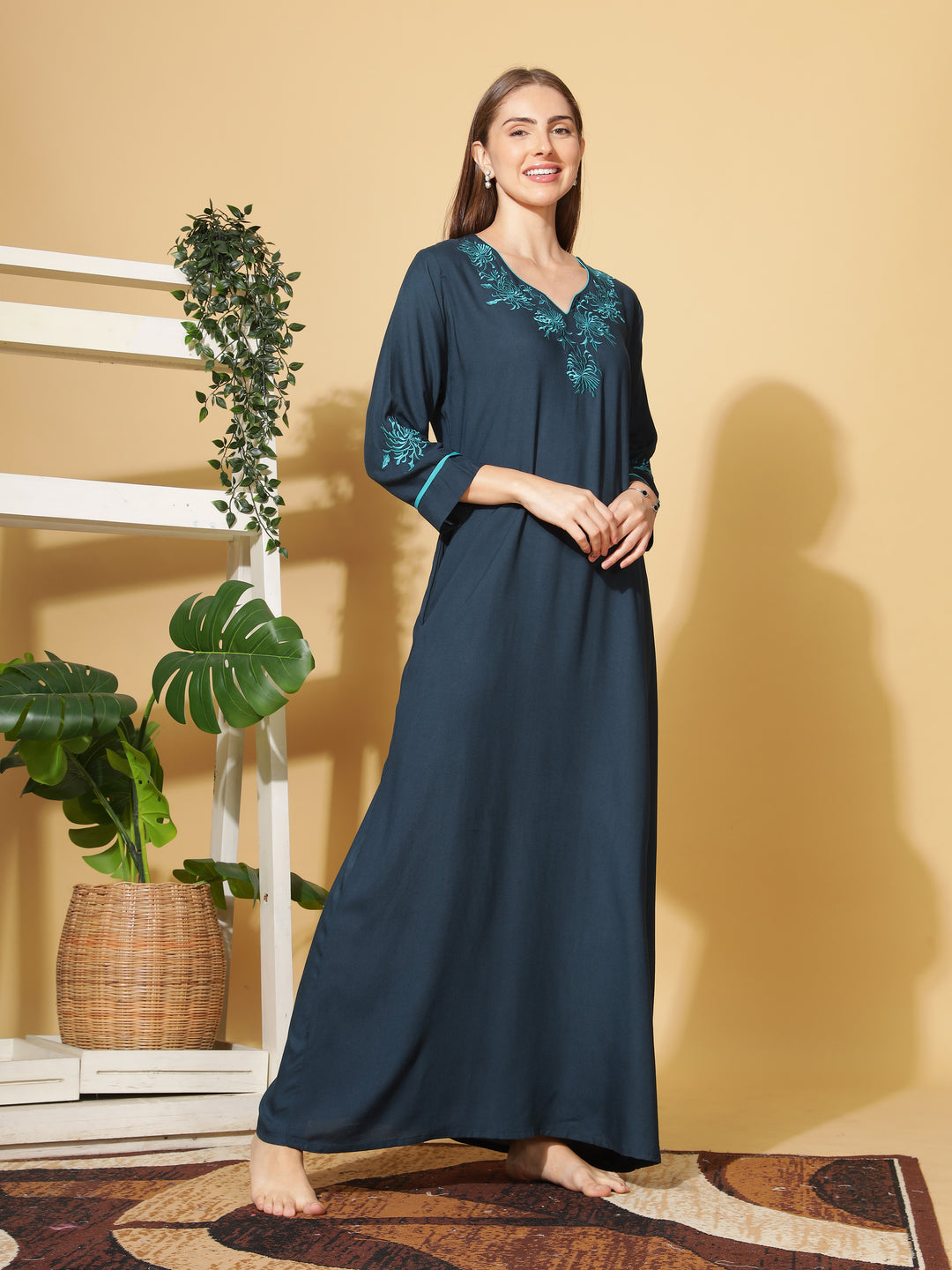  Rayon Designer Nighty  Sapphire A-Line Rayon Nighty Stylish 3/4 Sleeve Embroidery Nightdress- 9shines label 