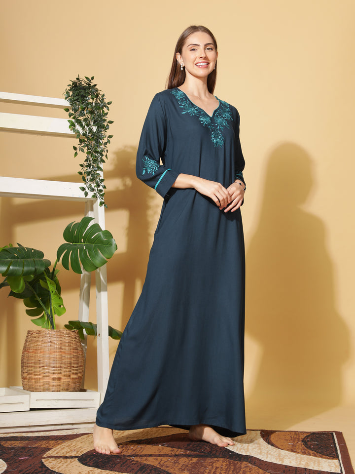  Rayon Designer Nighty  Sapphire A-Line Rayon Nighty Stylish 3/4 Sleeve Embroidery Nightdress- 9shines label 