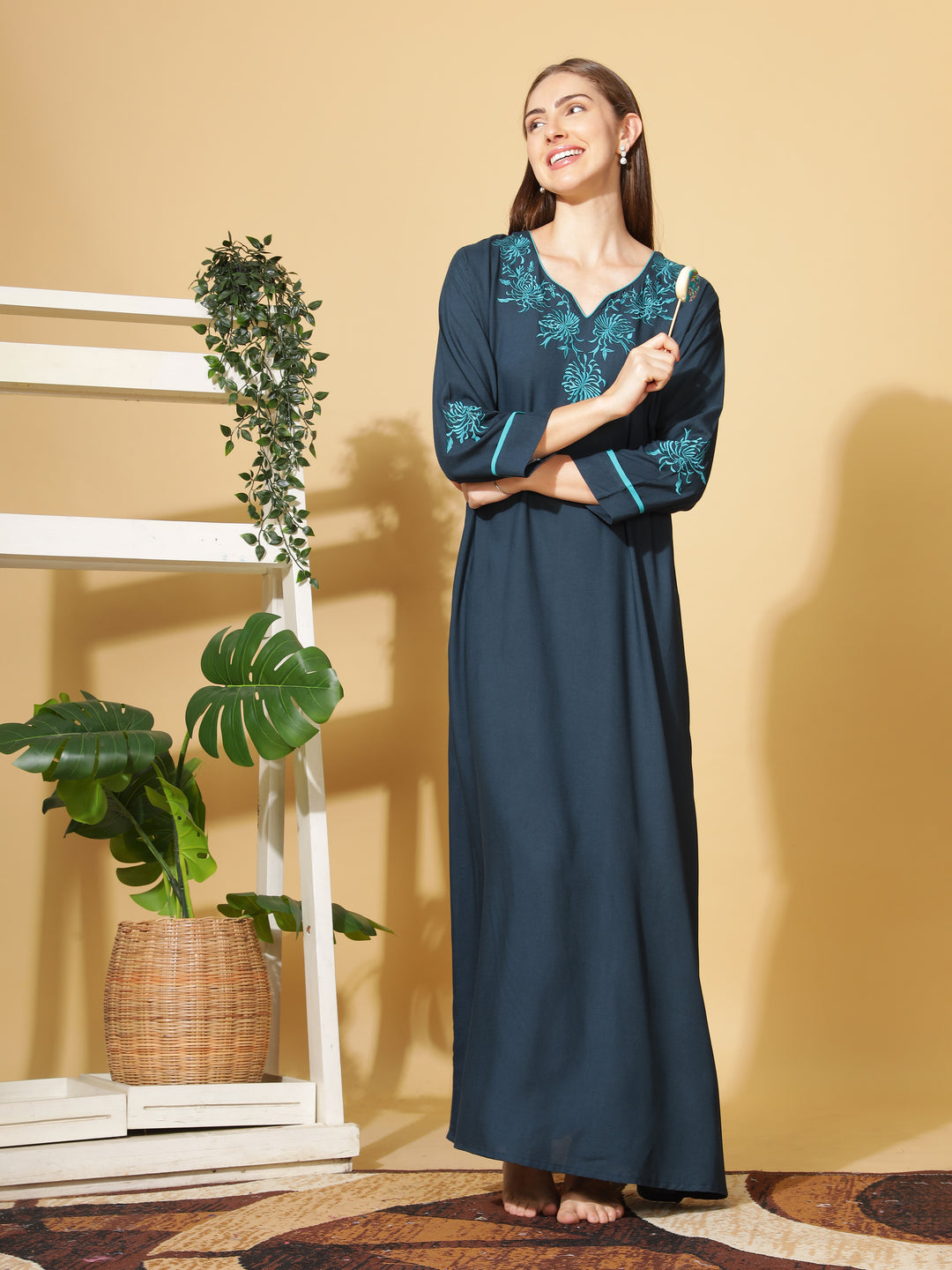  Rayon Designer Nighty  Sapphire A-Line Rayon Nighty Stylish 3/4 Sleeve Embroidery Nightdress- 9shines label 