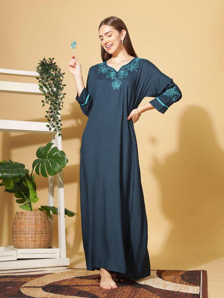  Rayon Designer Nighty  Sapphire A-Line Rayon Nighty Stylish 3/4 Sleeve Embroidery Nightdress- 9shines label 