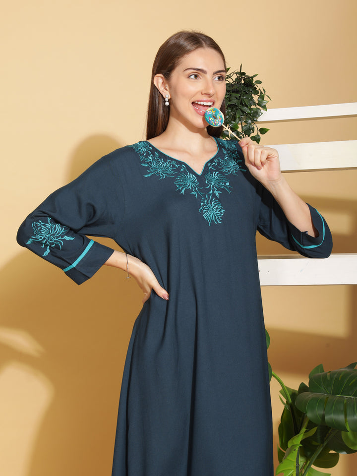  Rayon Designer Nighty  Sapphire A-Line Rayon Nighty Stylish 3/4 Sleeve Embroidery Nightdress- 9shines label 