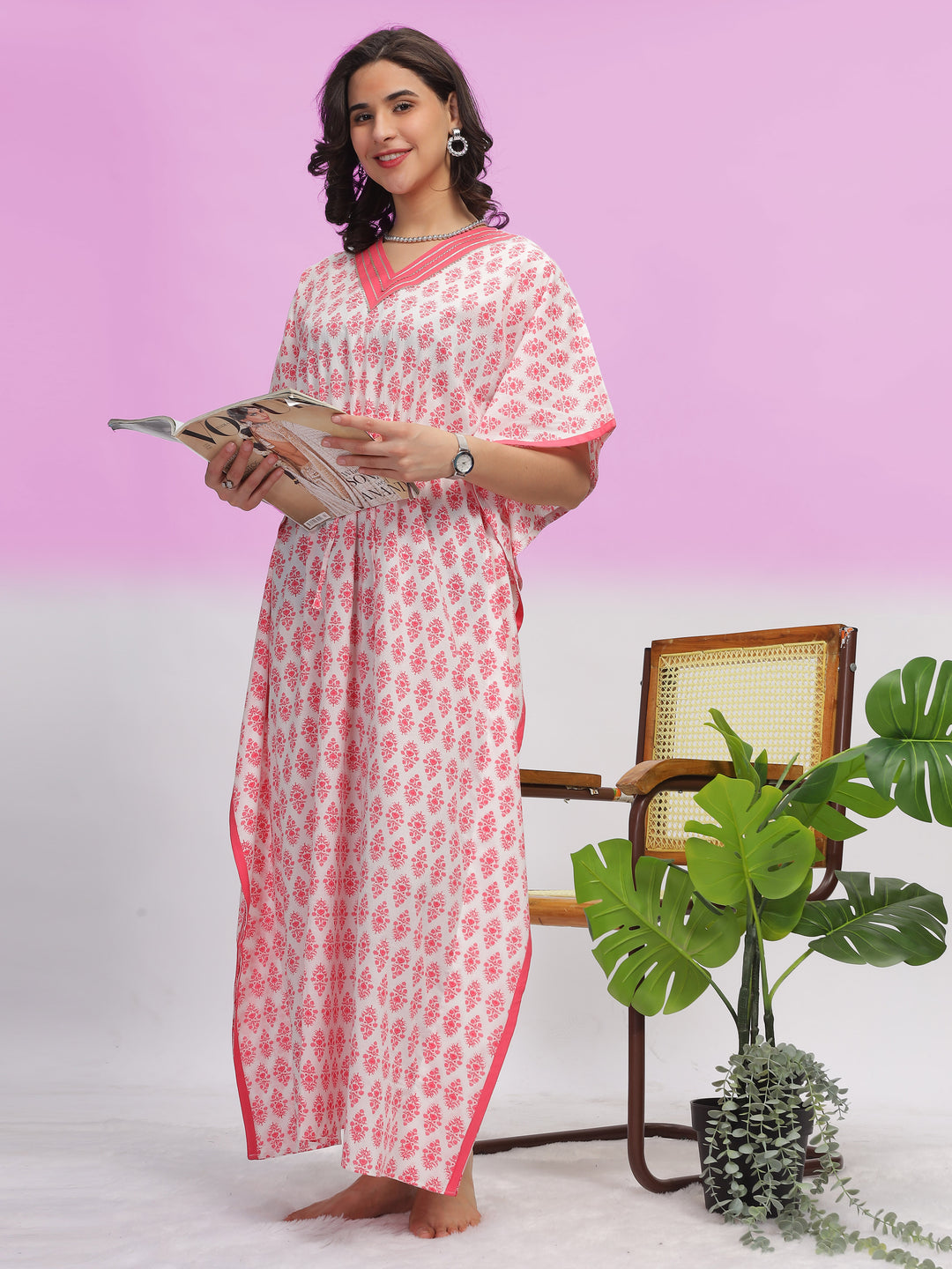 Premium V Neck Cotton Kaftan Pink