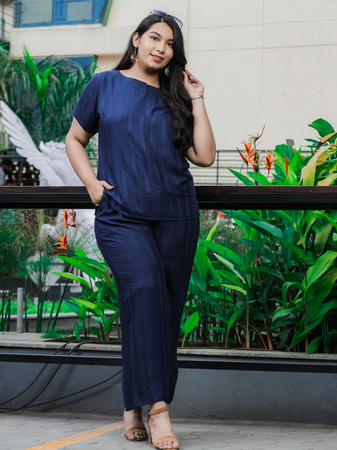 Rayon Round Neck Co-ord Sets Navy Blue