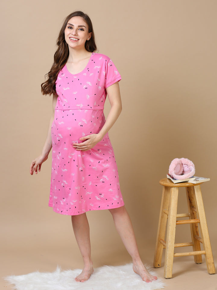  Maternity Short Nighty  Baby Pink Hosiery Cotton Maternity Nighty- 9shines label 