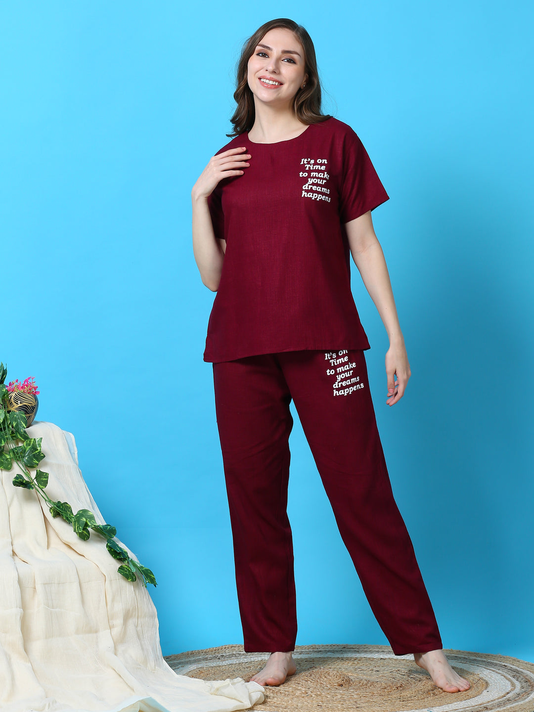  Co-ord sets  stylish co ords - Buy Linen Round Neck Co-ord Sets Maroon- 9shines label 