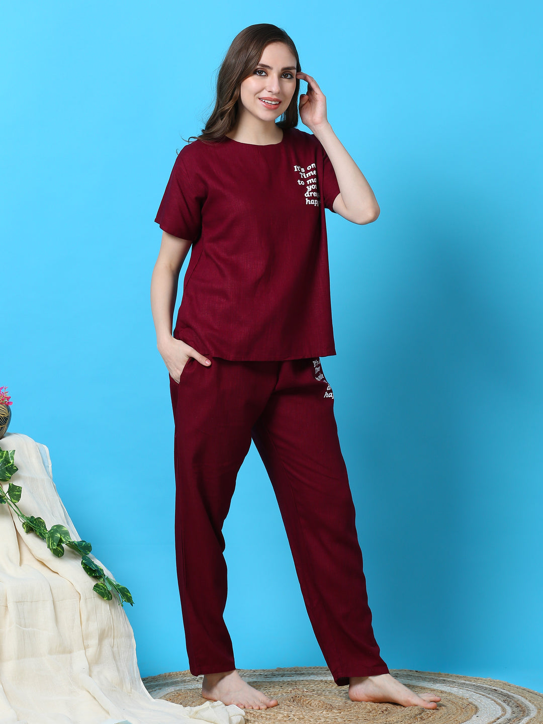  Co-ord sets  stylish co ords - Buy Linen Round Neck Co-ord Sets Maroon- 9shines label 