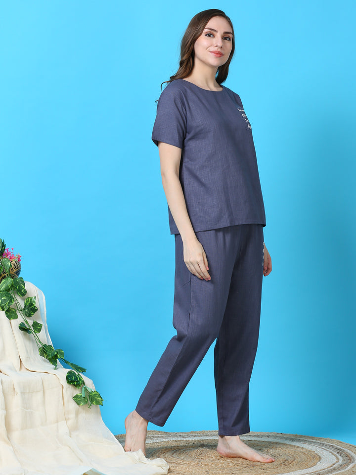  Co-ord sets  Steel Blue Linen Round Neck coord sets online india- 9shines label 