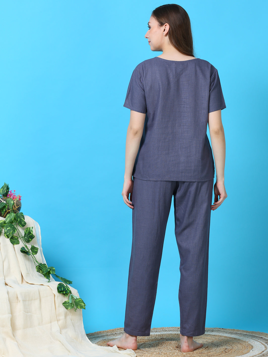  Co-ord sets  Steel Blue Linen Round Neck coord sets online india- 9shines label 