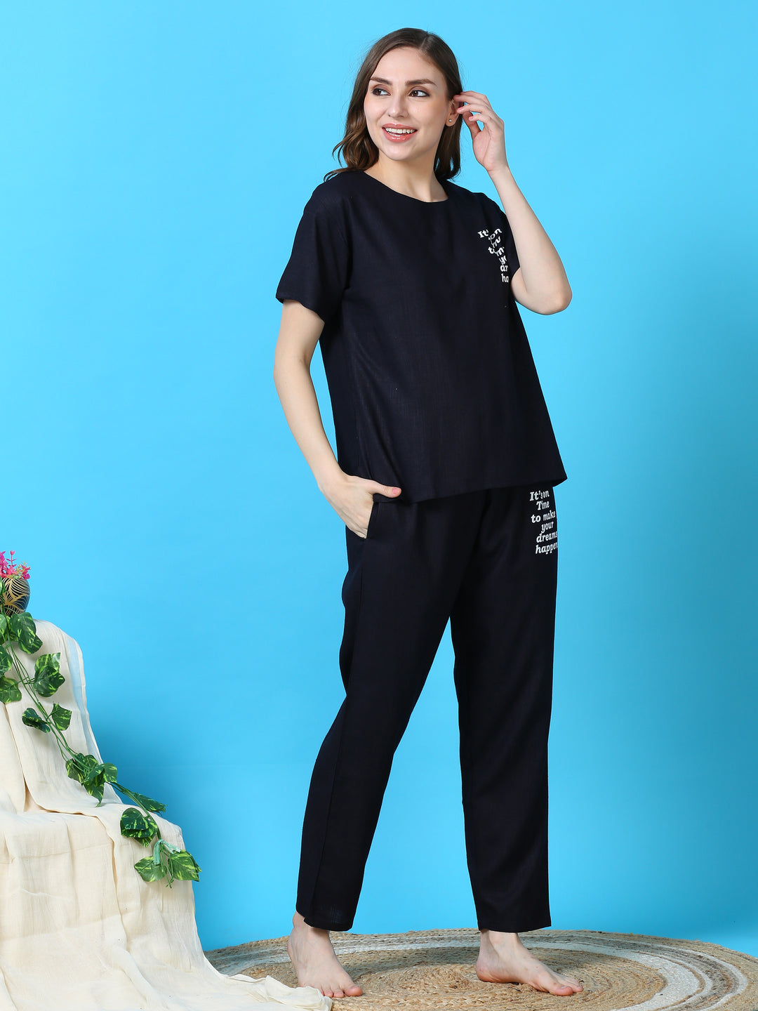  Co-ord sets  Buy Navy Blue Linen Round Neck Co-ord Sets- 9shines label 