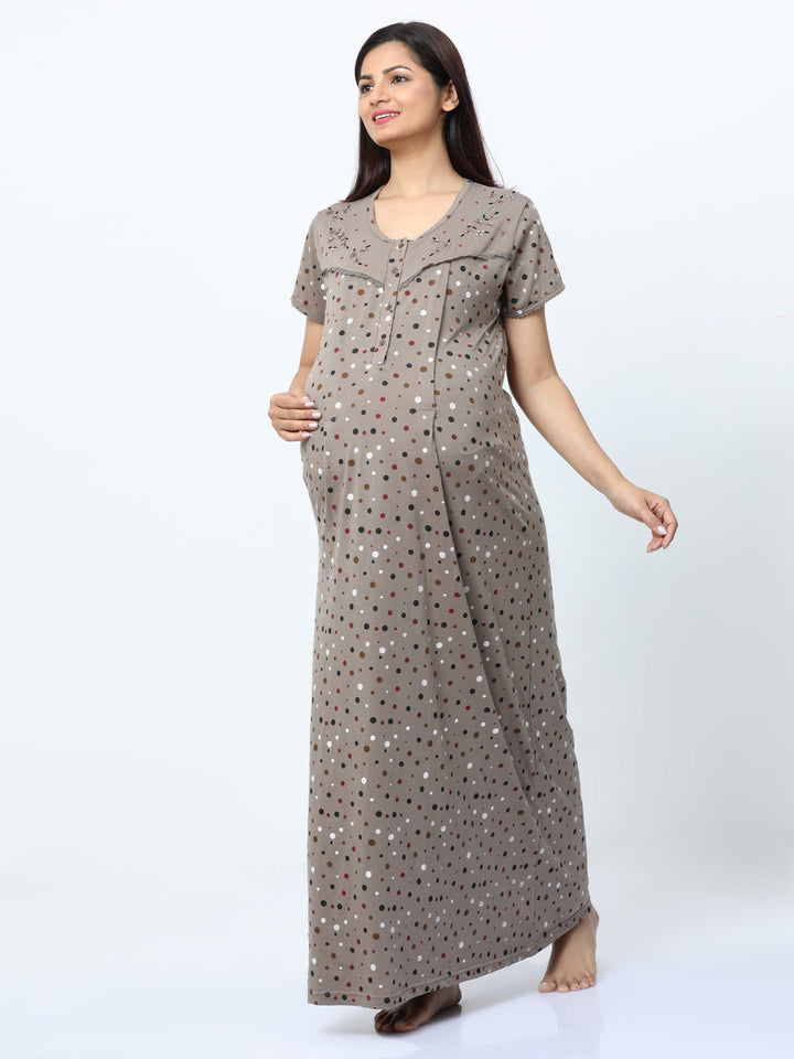  Maternity Long Nighty  Mud Green Nighty - Cotton Blend Maternity Feeding Nighty- 9shines label 