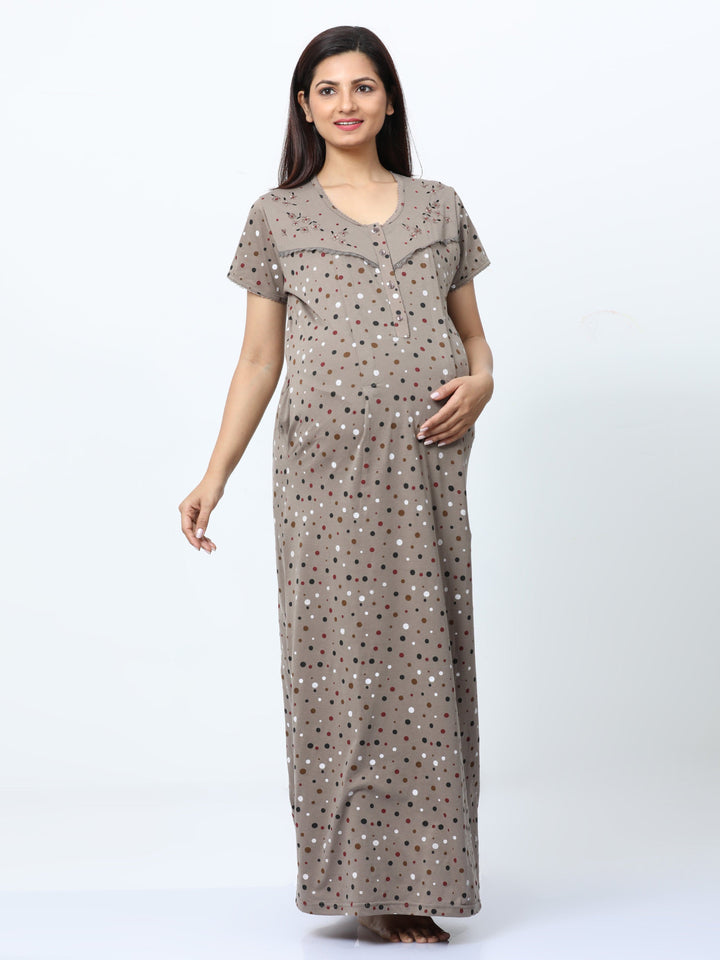  Maternity Long Nighty  Mud Green Nighty - Cotton Blend Maternity Feeding Nighty- 9shines label 