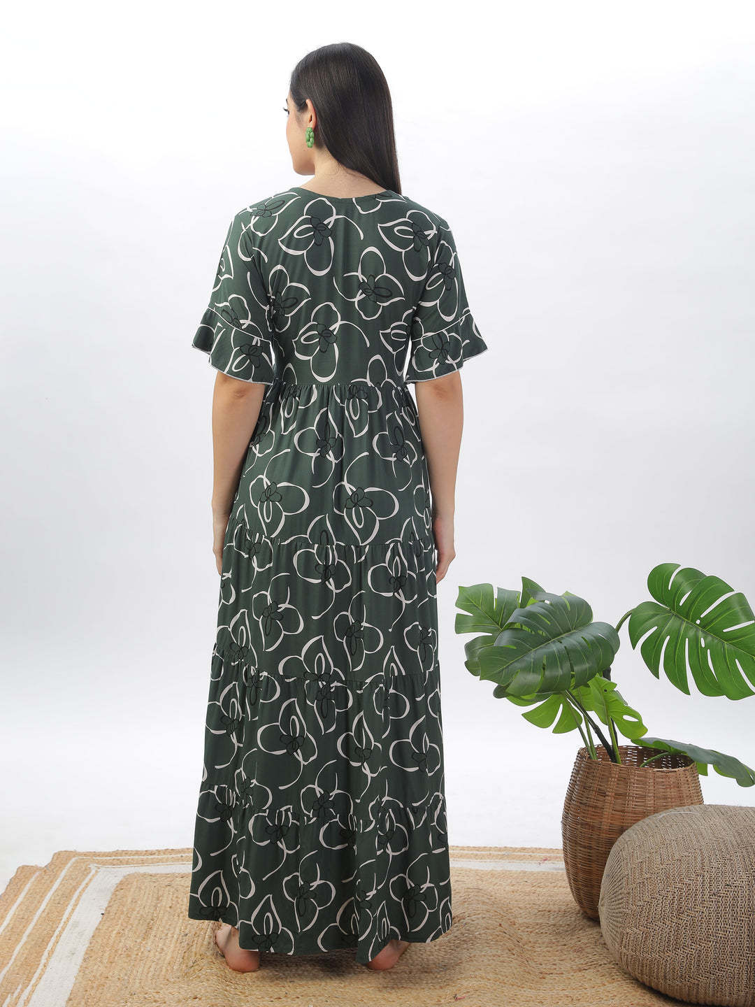 Elegant Green Frock Style Nightdress - Floral Print Rayon Maxi for Women