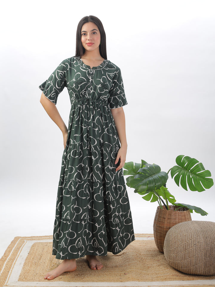 Elegant Green Frock Style Nightdress - Floral Print Rayon Maxi for Women