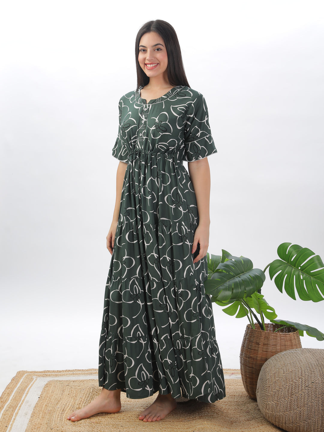 Elegant Green Frock Style Nightdress - Floral Print Rayon Maxi for Women