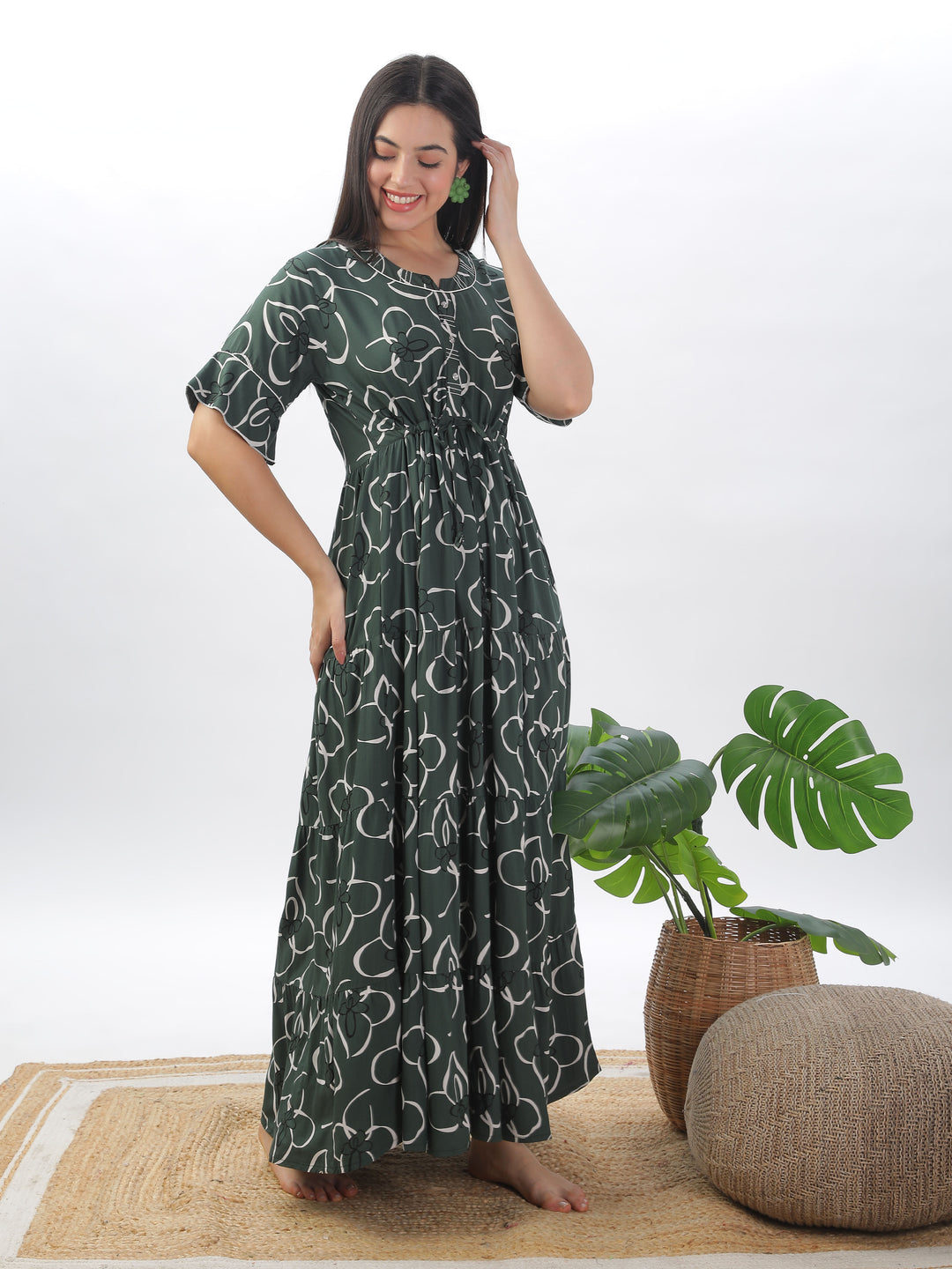 Elegant Green Frock Style Nightdress - Floral Print Rayon Maxi for Women