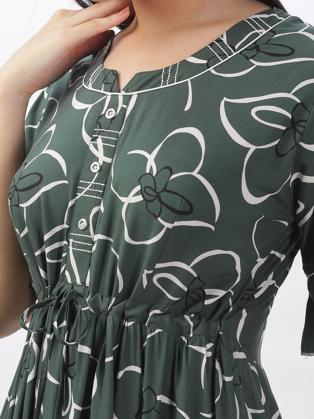 Elegant Green Frock Style Nightdress - Floral Print Rayon Maxi for Women