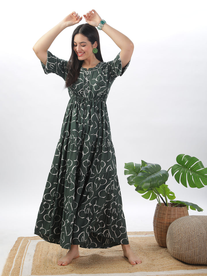 Elegant Green Frock Style Nightdress - Floral Print Rayon Maxi for Women