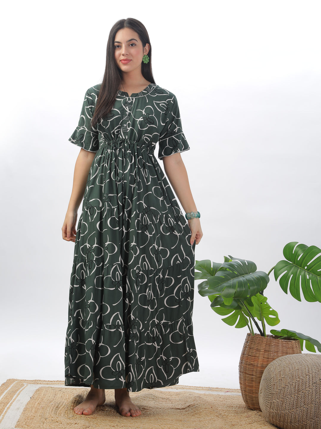 Elegant Green Frock Style Nightdress - Floral Print Rayon Maxi for Women