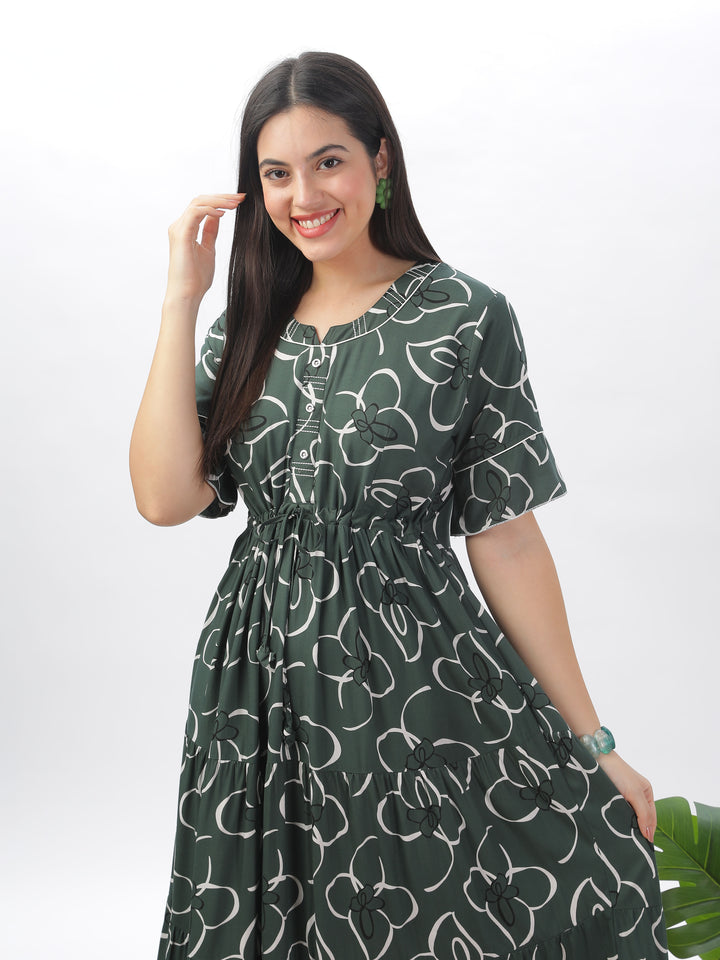 Elegant Green Frock Style Nightdress - Floral Print Rayon Maxi for Women