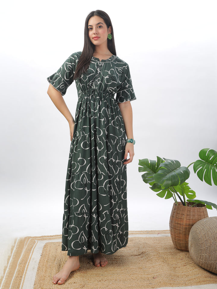 Elegant Green Frock Style Nightdress - Floral Print Rayon Maxi for Women