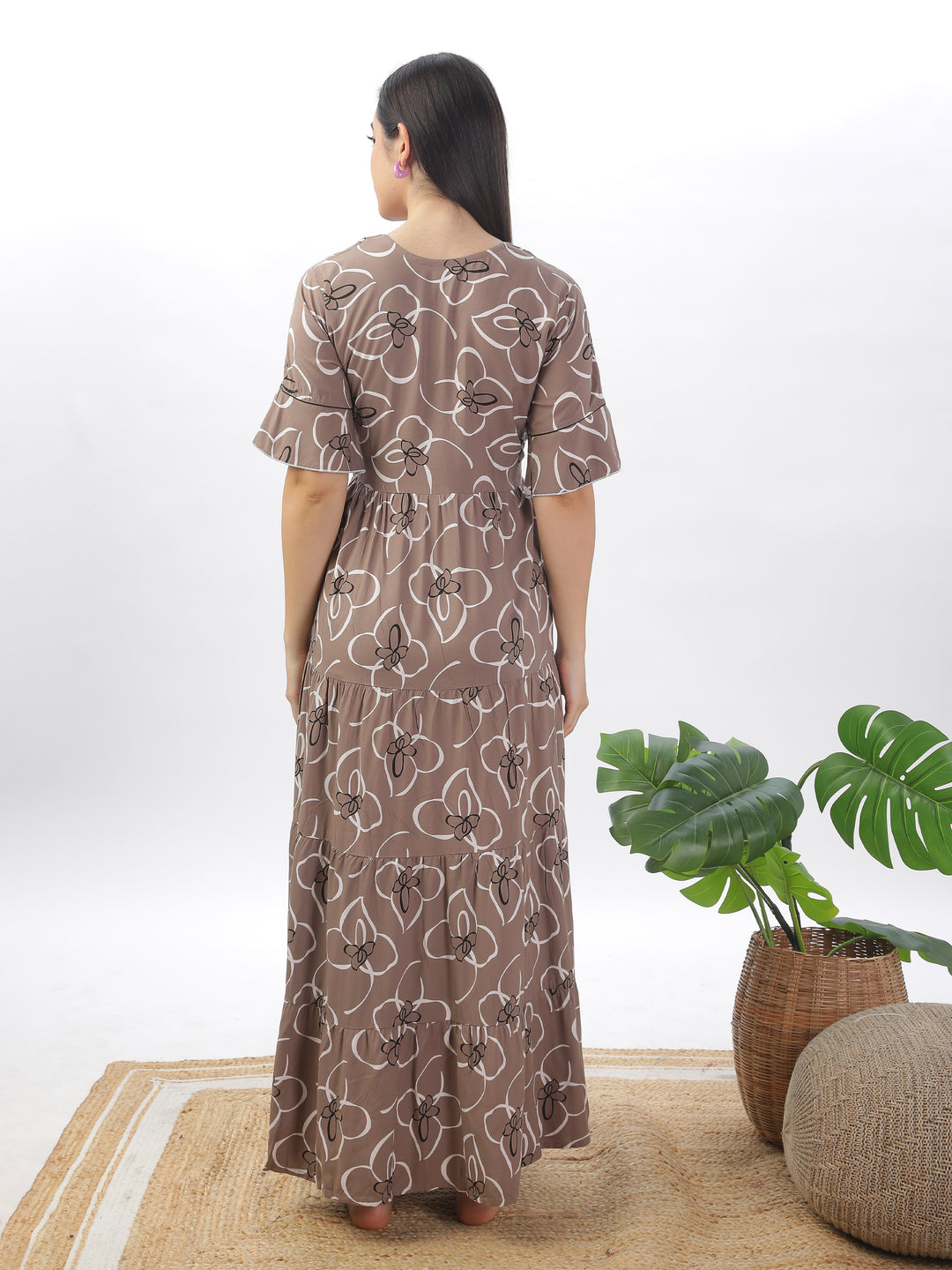 Chic Khaki Floral Print Nightdress - Women's Designer Rayon Maxi Gown