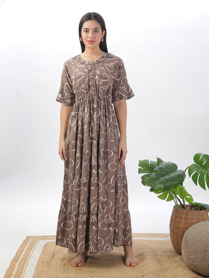 Chic Khaki Floral Print Nightdress - Women's Designer Rayon Maxi Gown