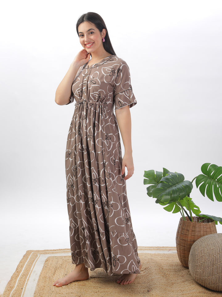 Chic Khaki Floral Print Nightdress - Women's Designer Rayon Maxi Gown