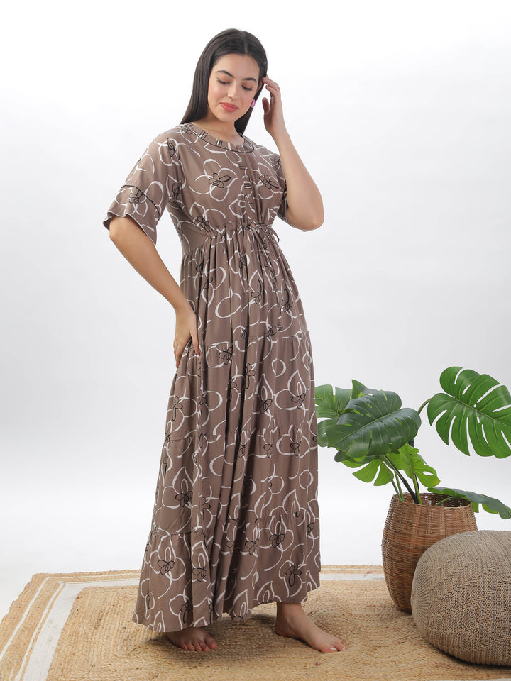 Chic Khaki Floral Print Nightdress - Women's Designer Rayon Maxi Gown