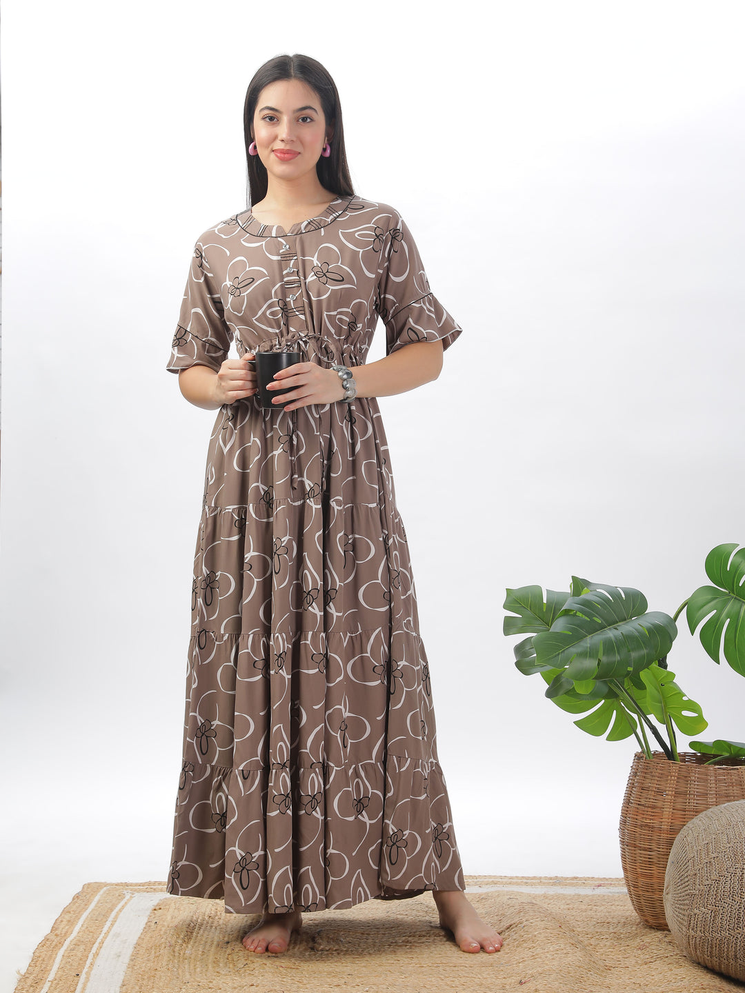 Chic Khaki Floral Print Nightdress - Women's Designer Rayon Maxi Gown